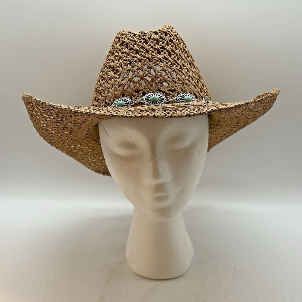 San Diego Hat Company Straw Cowboy Hat Turquoise Conchos Hat Band Wide Brim OSFM - Picture 3 of 10
